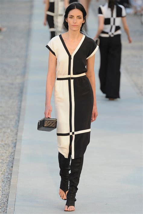 black and white chanel style dress|Chanel dress long sleeves.